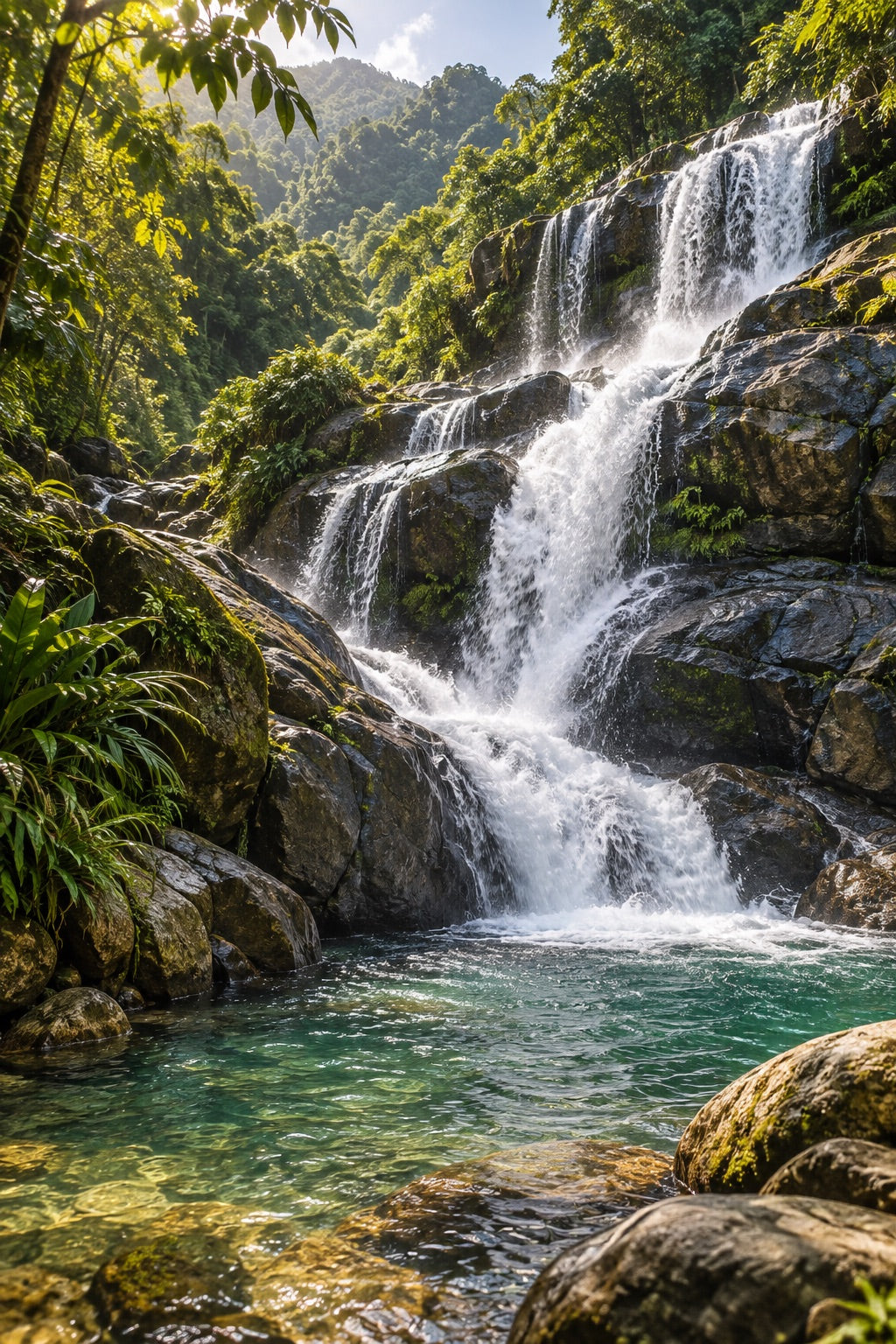 Ilustración conceptual de una cascada tropical; no es una fotografía de los Saltos de Jima