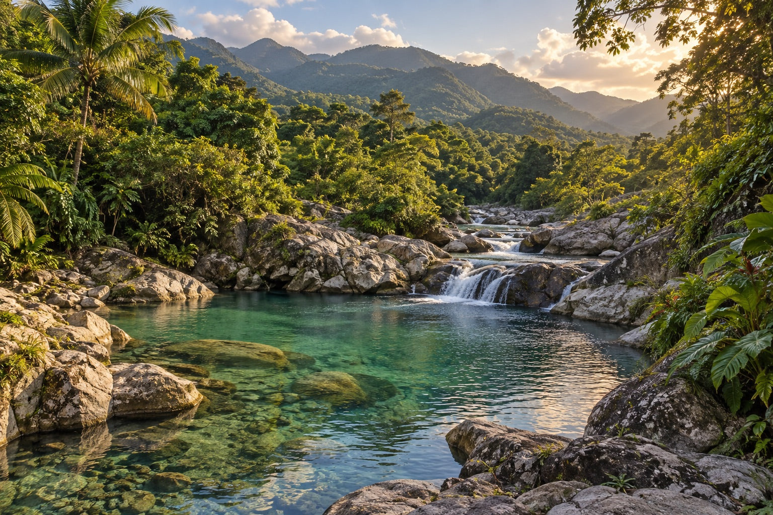 Ilustración conceptual de un río de montaña; no es una fotografía del Río Fula