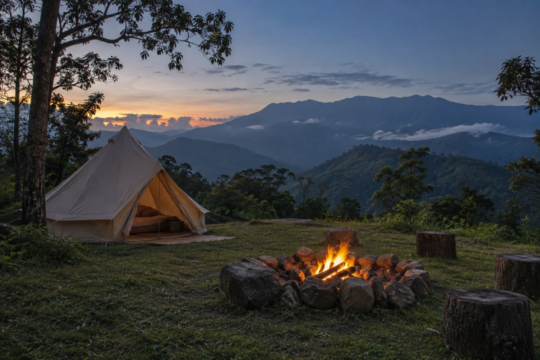 Visualización conceptual de camping con fogata frente a las lomas