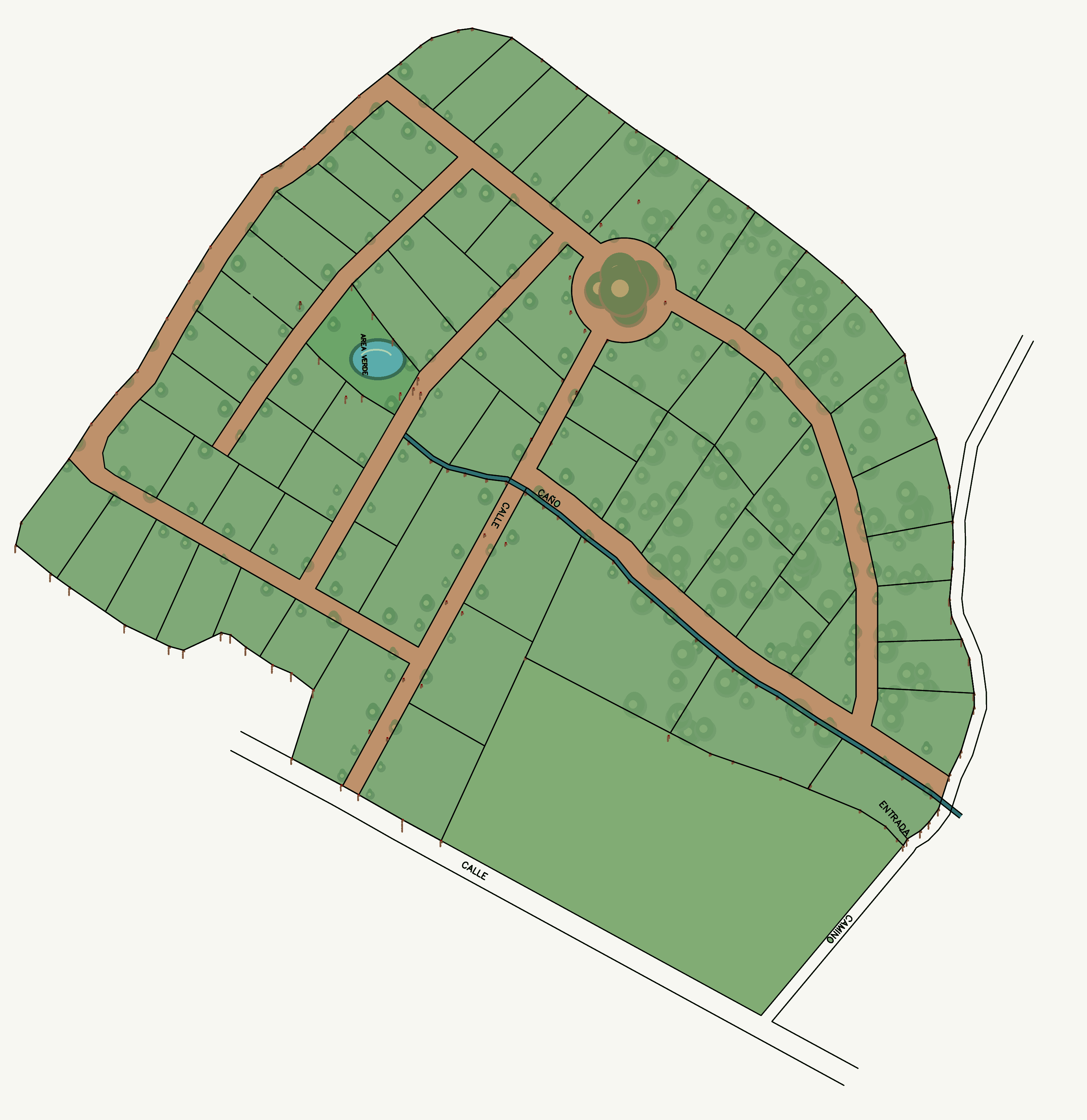 Croquis ilustrado de Arturo con divisiones, calles internas, caño, área verde y entrada
