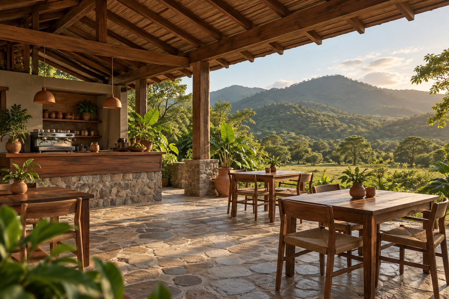Imagen conceptual de una mesa de café abierta al paisaje