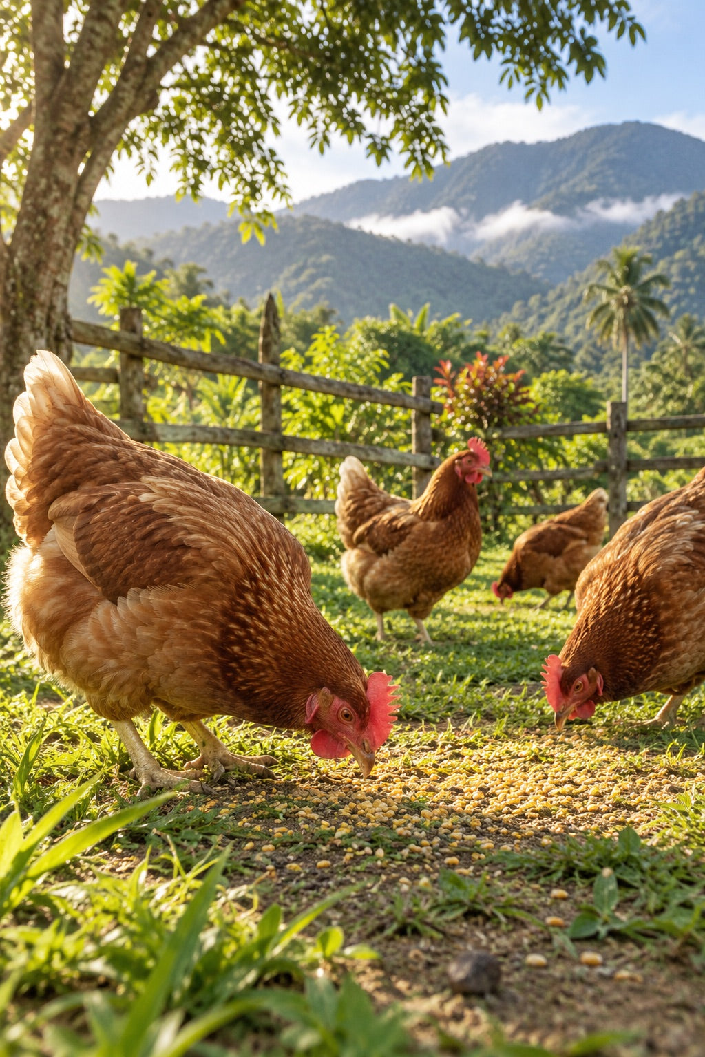 Visualización conceptual de gallinas en un jardín