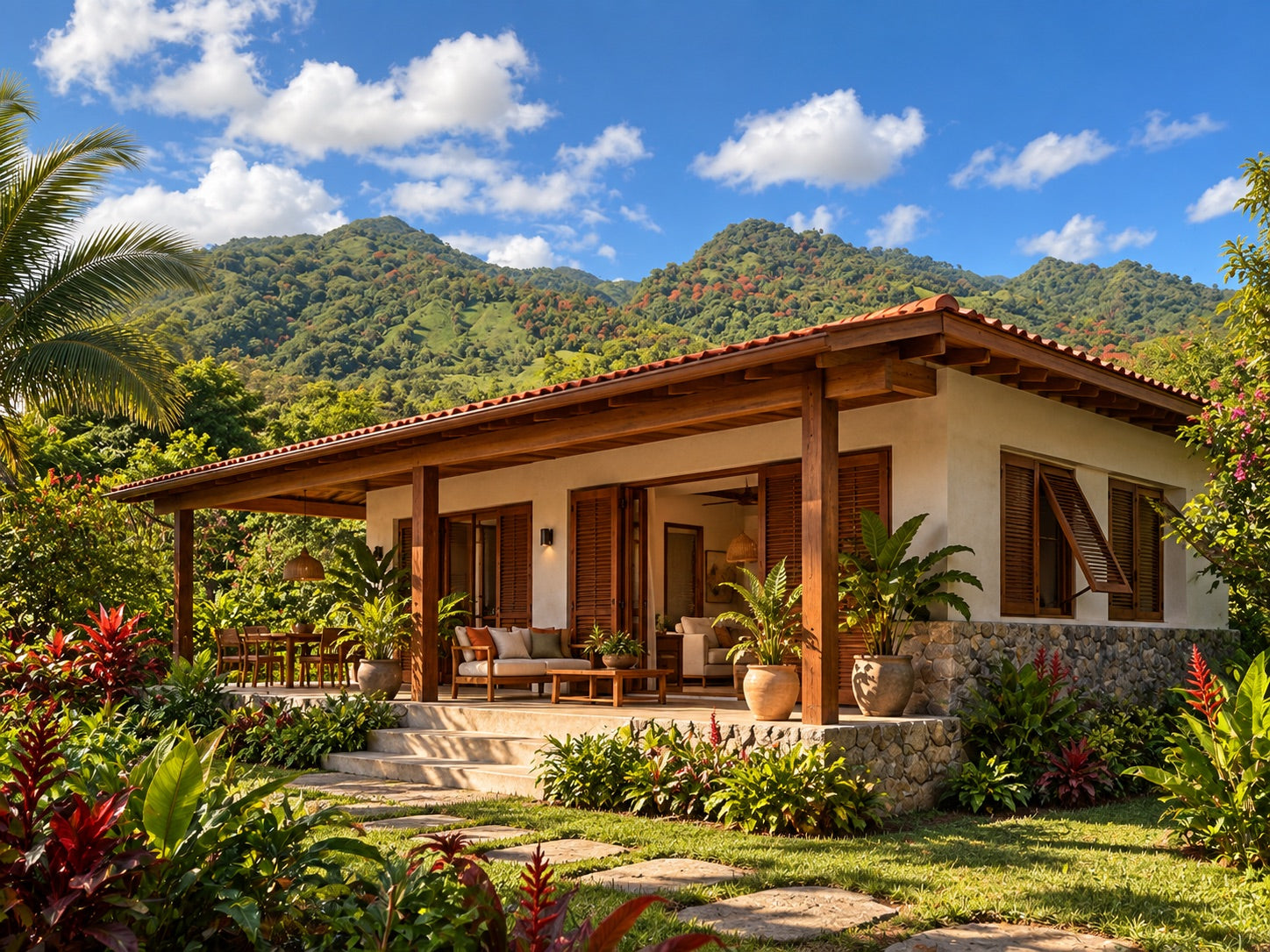 Visualización conceptual de villa tropical sencilla con galería sombreada, madera y piedra